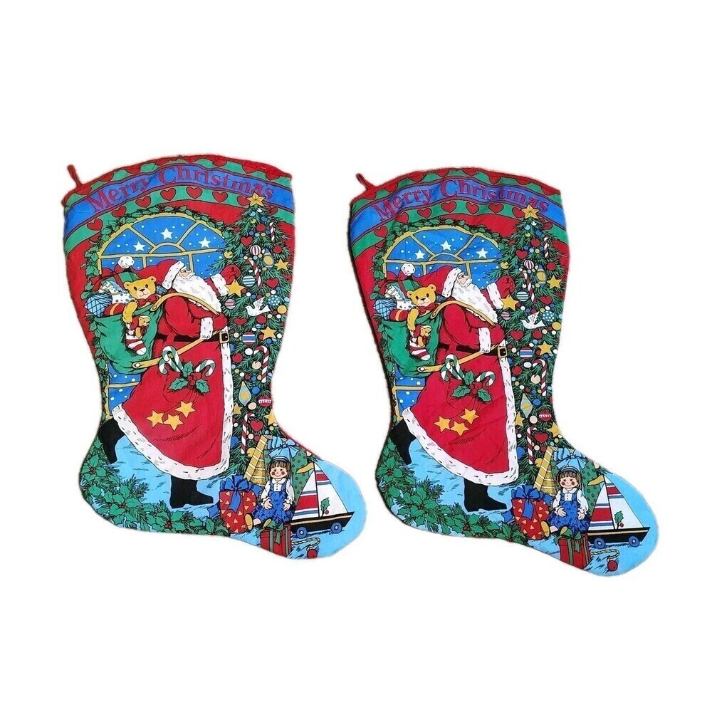 Vintage Handmade Christmas Stockings Set Large Santa Teddy Bear Folk Art Retro